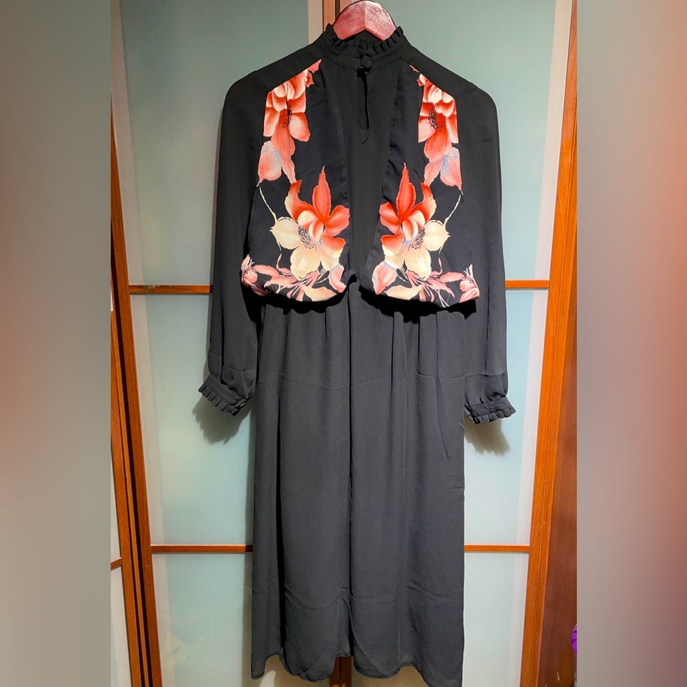 Vintage 70s 80s VTG Black Floral Keyhole Hi Neck Long Sleeve Sheer Tunic Dress